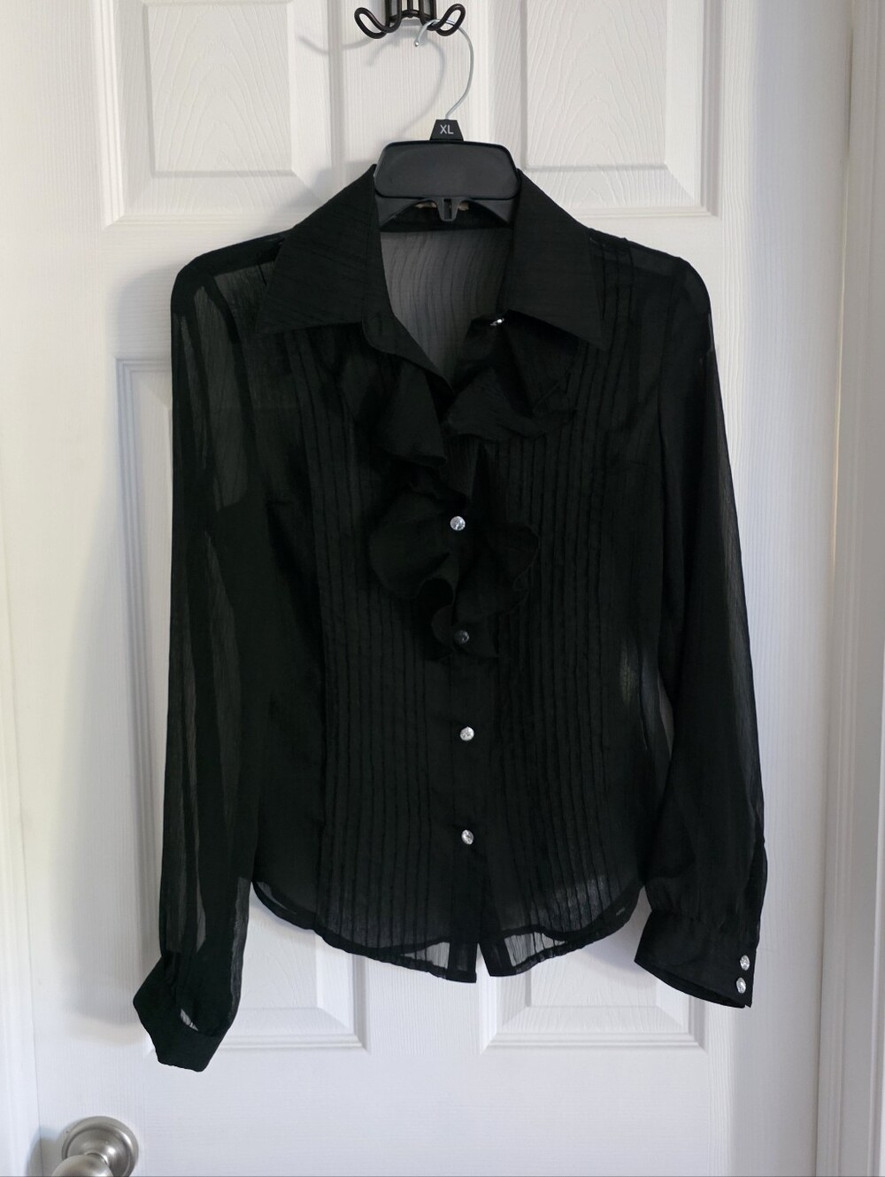 Black Ruffled Sheer Rhinestone Button-Up Blouse Y2K Corporate Goth Sexy Classy